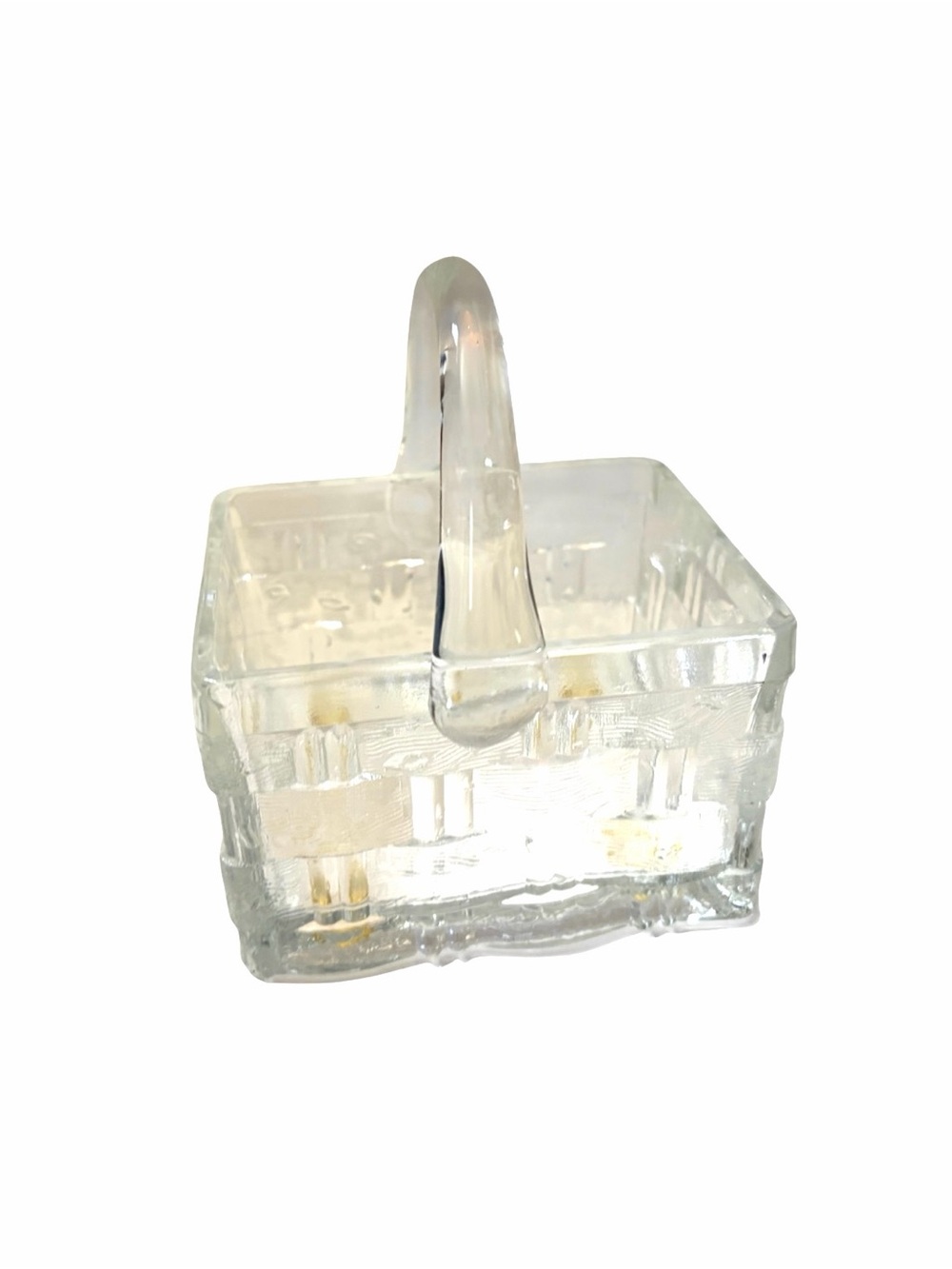Vintage Clear Pressed Glass 4” Square Basket Geometric Lattice Weave Pattern